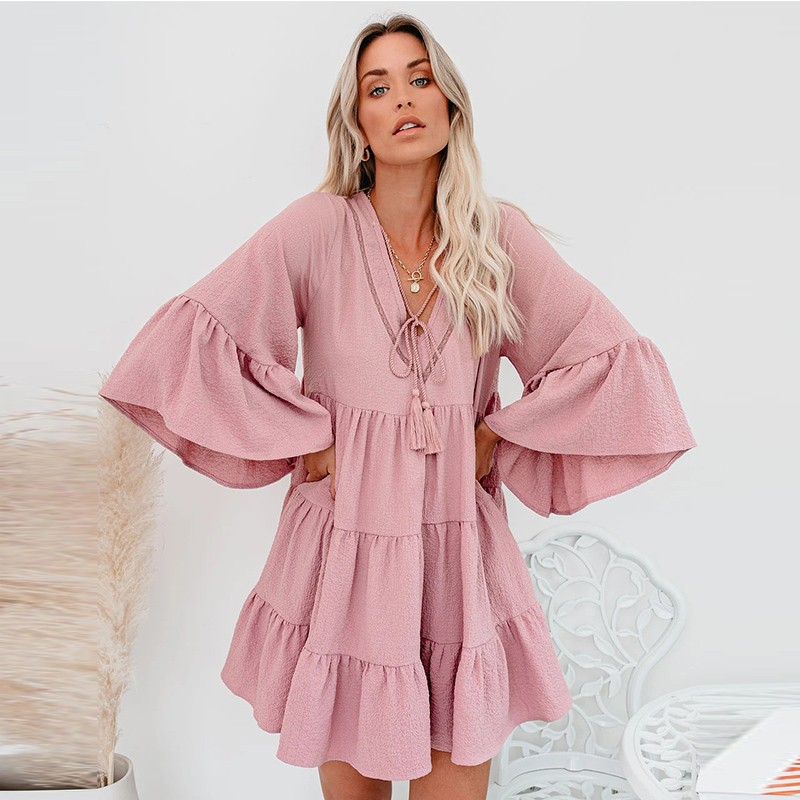 2022 Summer Clothes Pregnant Women Sweet Short Flare Sleeve V-neck High Waist Maternity Chiffon Dress Korean Style A-Line