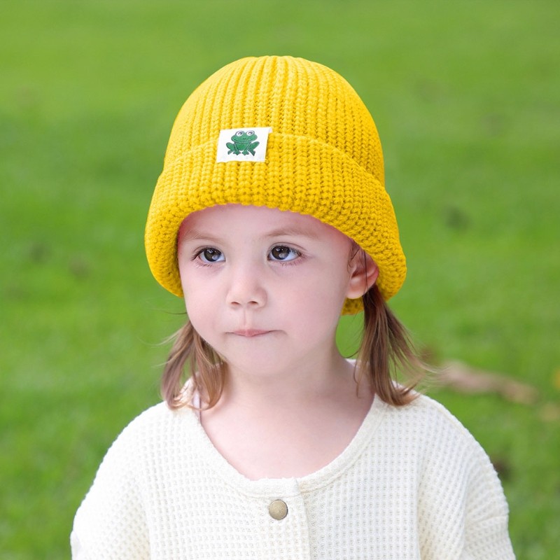 Autumn Winter Solid Color Baby Knitted Warm Hat Soft Casual Hemming Hat Kids Girls Boys Frog Label Beanies Clothes