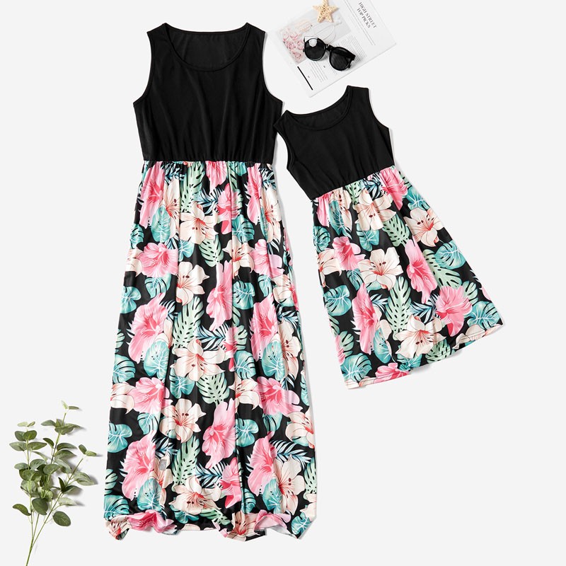 Girls Dress Fashion Family Style Summer Mommy and Me Clothes Sleeveless Cotton Floral Print Dresses For Girls