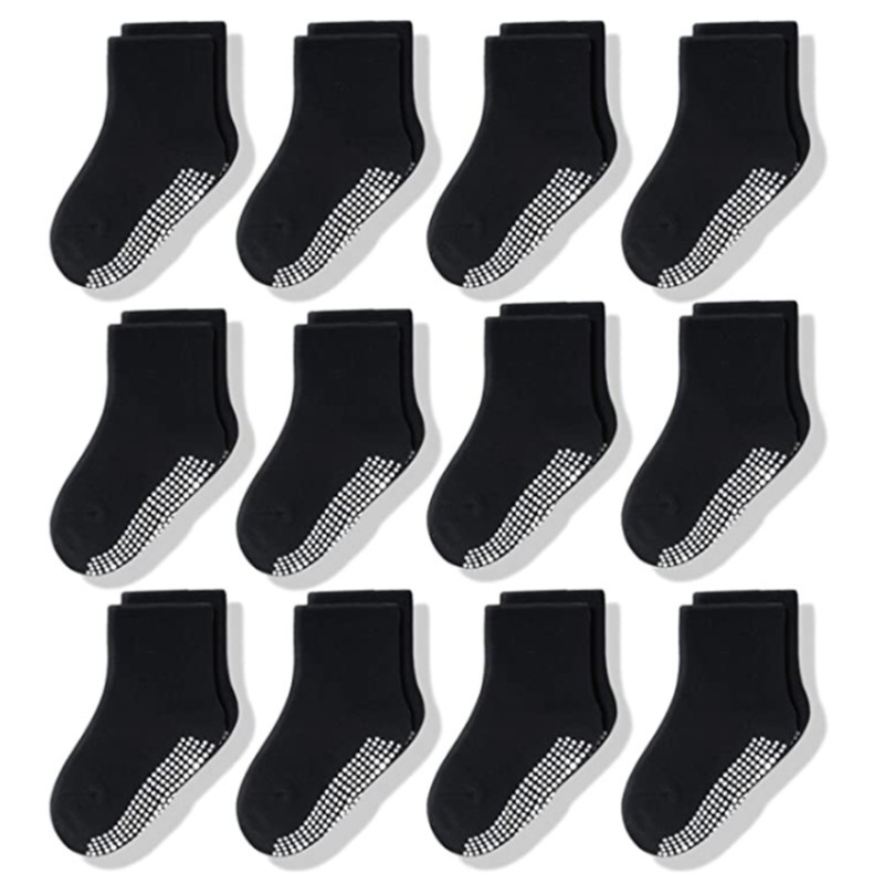 Non-Slip Baby Socks 12 Pairs with Grip for Boys Girls Toddler Infant Kids Anti-Slip Cotton Crew Socks 1-7 Years