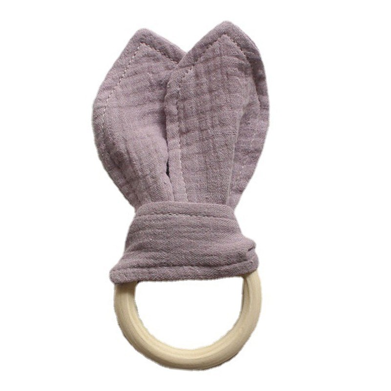 Baby Wooden Hand Grasp Soft Toy Cotton Cute Rabbit Ears Teether Comfortable Bracelet Teething Toy Sensory Rattle Gif