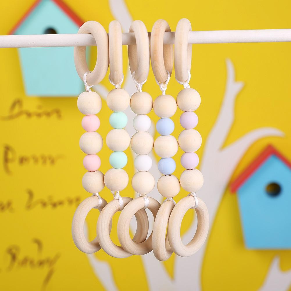 Wooden Baby Teether Ring Chain Newborn Infant Organic Wood Silicone Beads Nursing Teething Chew Toys Baby Teether Gift