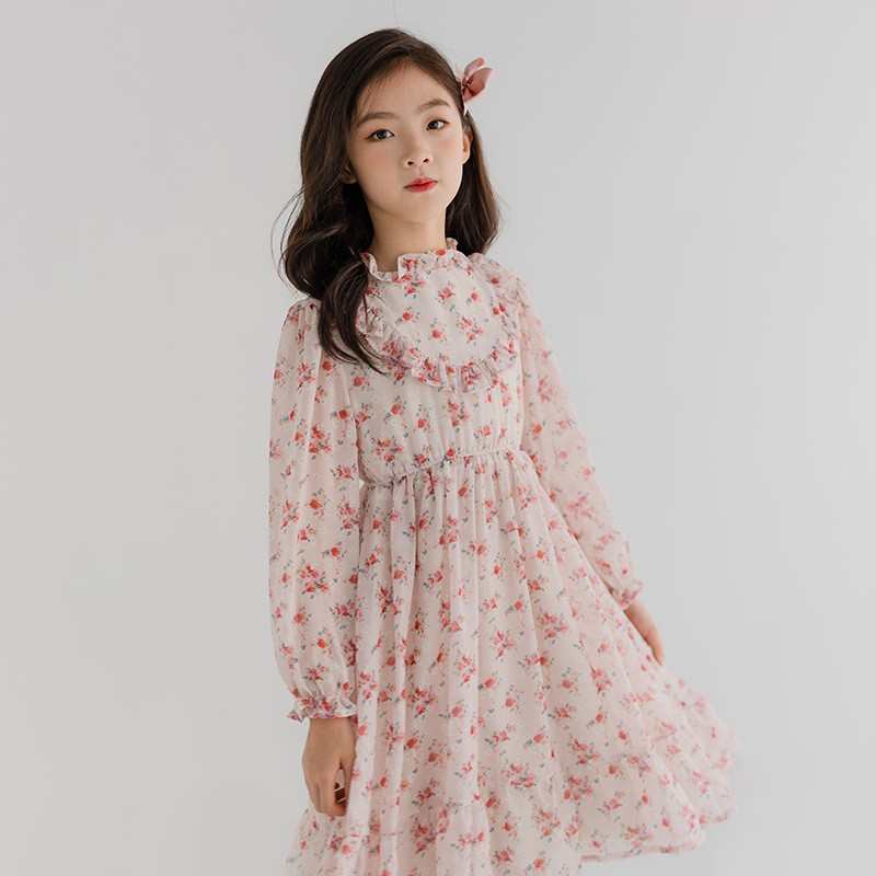 Long Sleeve Girls Dress 2022 Spring Summer New Korean Girls Dress Floral Chiffon Princess Dress Collage Style Kids Clothes