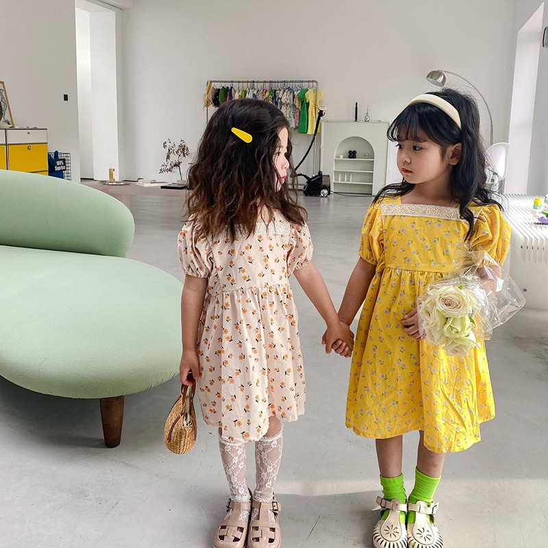 MILANCEL 2022 Spring New Kids Clothes Square Collar Girls Floral Dress Cotton Girl One Piece Korean Children Clothes