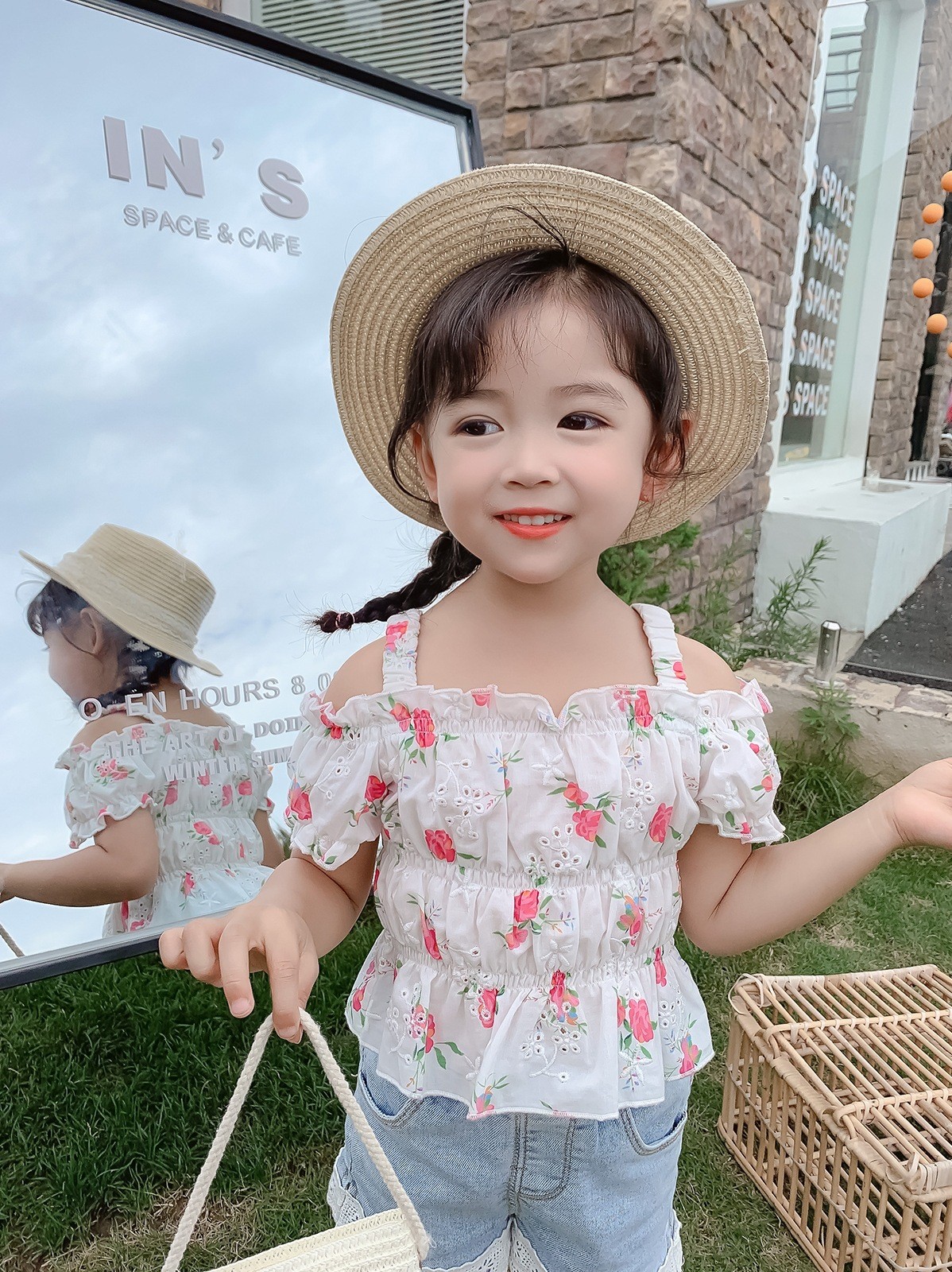 2pcs/set Kids Girl Clothes Sweet Little Flower Top Outer Clothes Lace Denim Shorts Fashion Causal Summer Princess Clothing Suit