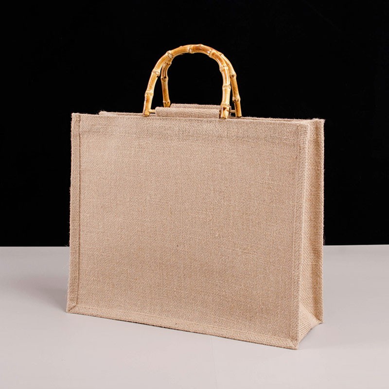 Portable Burlap Shopping Bag Jute Handbag Bamboo Ring Retro Carry Handles DIY Handbag Women Large Size Beach Bag for Girls