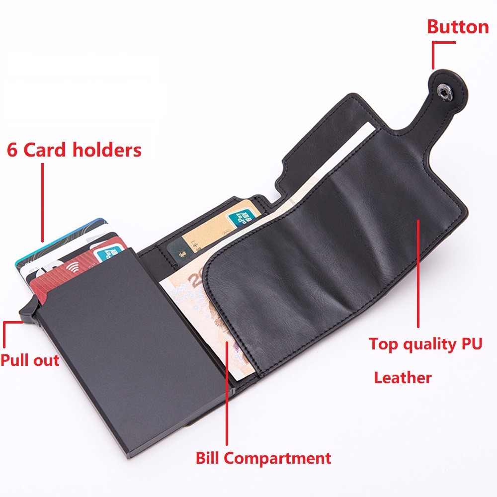 Card Holder with RFID Button for Men, Card Holder with Wallet Black, Metal, Aluminum, Auto Pop Up, Wallet Black