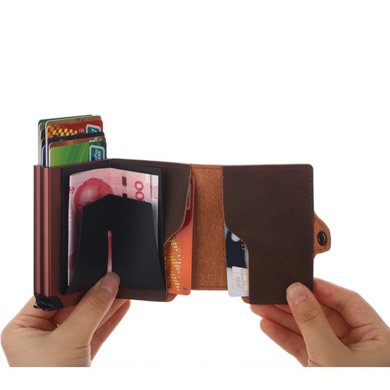 Dual RFID Aluminum Card Holder For Men Vegan Leather Card Wallet Card Holder With Automatic Pop Up