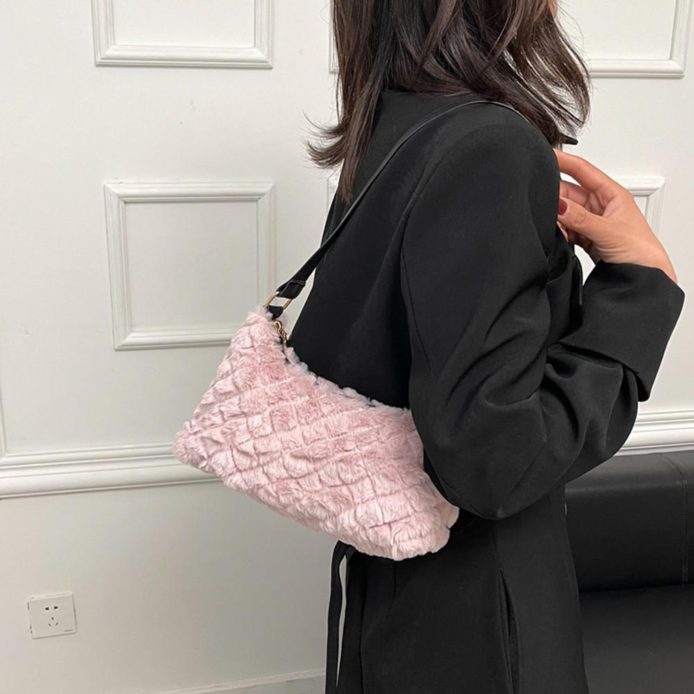 Women Fashion Plush Faux Fur Bag Diamond Lattice Shoulder Bag Autumn Winter Zipper Cloud Pure Color Brand Designer Handbags