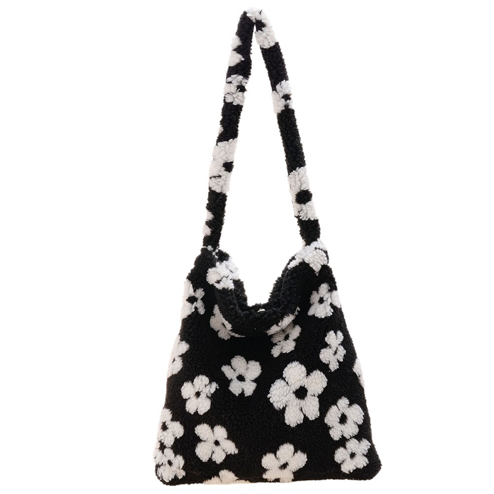 Trend plush women bag flower print elegant designer shoulder shopper bag female autumn and winter large capacity tote handbags