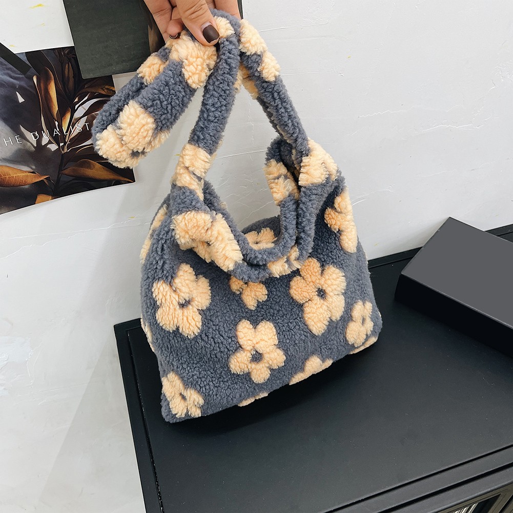 Stylish design plush flower pattern women tote bag casual handbags large capacity ladies designer shoulder bag simple female bag