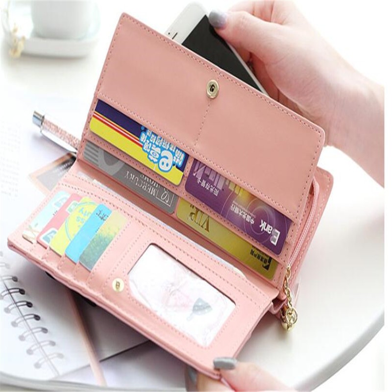 Women's Long Leather Wallet Card Holder Wallet With Cute Cat Pendant Cell Phone Pocket Wallet