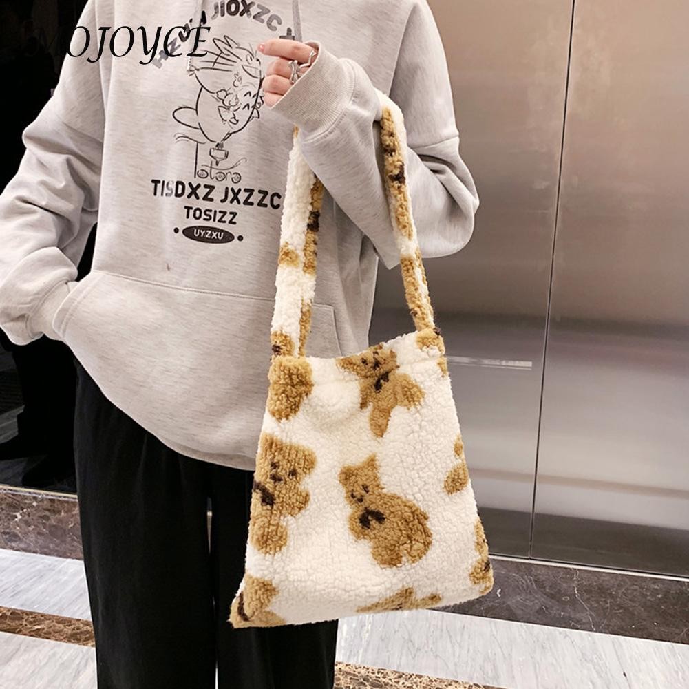 Elegant Women Shoulder Bags Women Autumn Winter Cartoon Bear Print Underarm Bag Warm Plush Tote Decorative Handbag