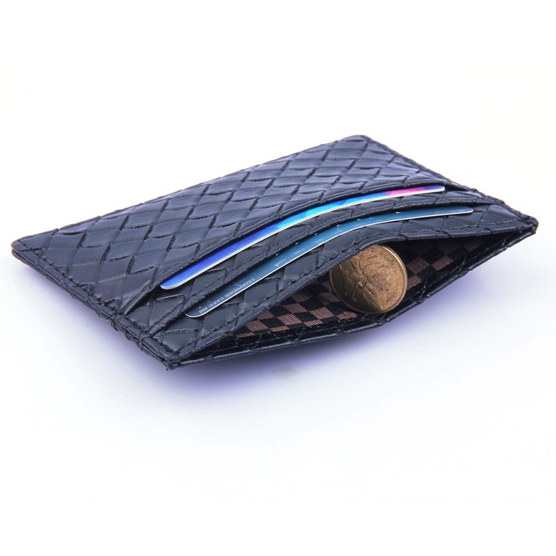 Male and female card case solid color business ID card holder woven style ultra-thin wallet PU leather handmade purse handbag