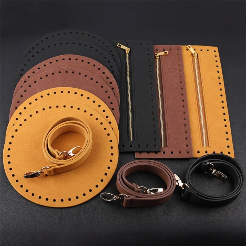 4pcs/set Bag Bottom Shaper Base Round Artificial Leather Wallet Insert Strap Zipper for DIY Sewing Crochet Handbag