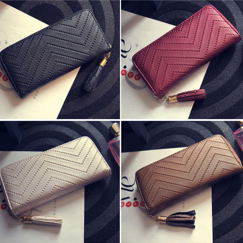 Women Long Wallets Clutch White High Quality Leather Tassel Ladies Zipper Bag Phone Coin Cash Receipt Card Holder