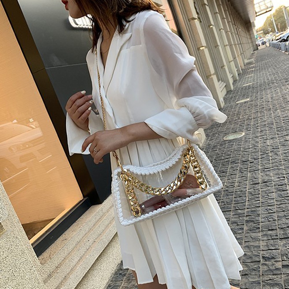 Women Hand Woven Bags Summer Clear Waterproof Chain Shoulder Crossbody Bag Female Trend Transparent Handbags Messenger Bag