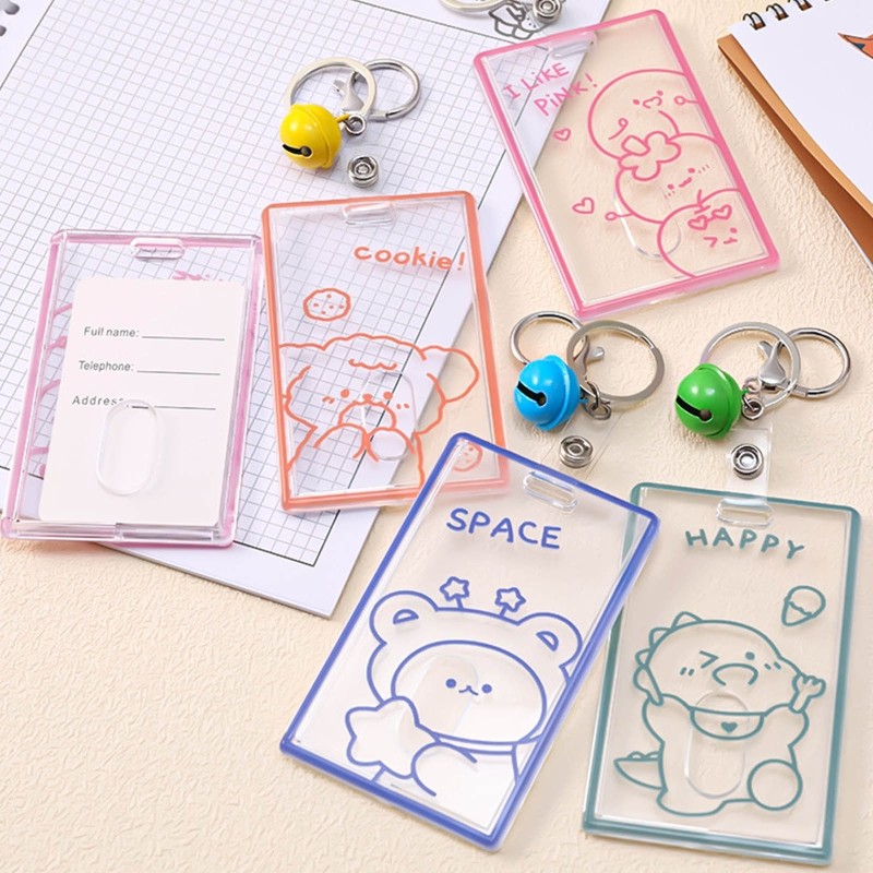 X7YA 1pc Transparent Acrylic Business Card Holder For Staff Staff With Keyring Bell Cartoon Pattern Pass Card Cover Bus Cards