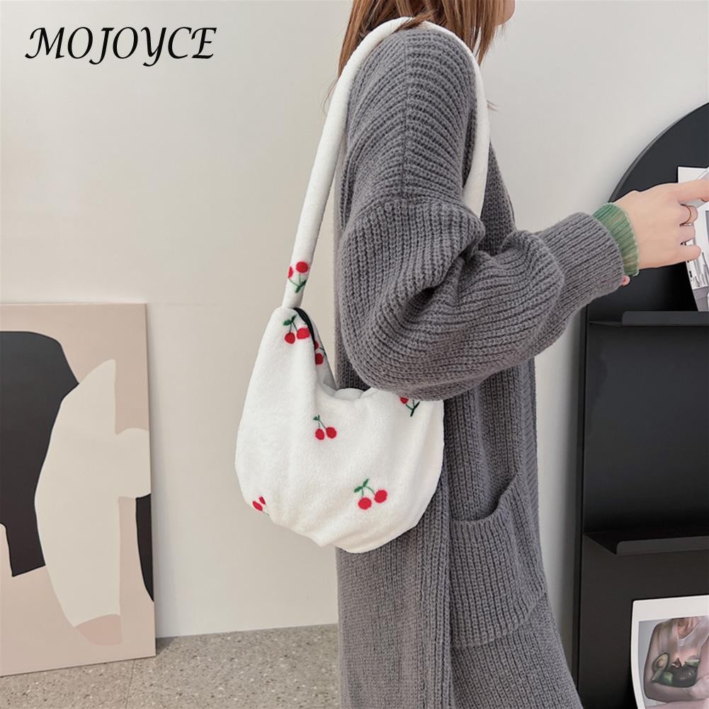 Female Fashion Cherry Pattern Shoulder Bag Winter Mobile Phone Top Handle Bag Warm Plush Tote Decorative Handbag