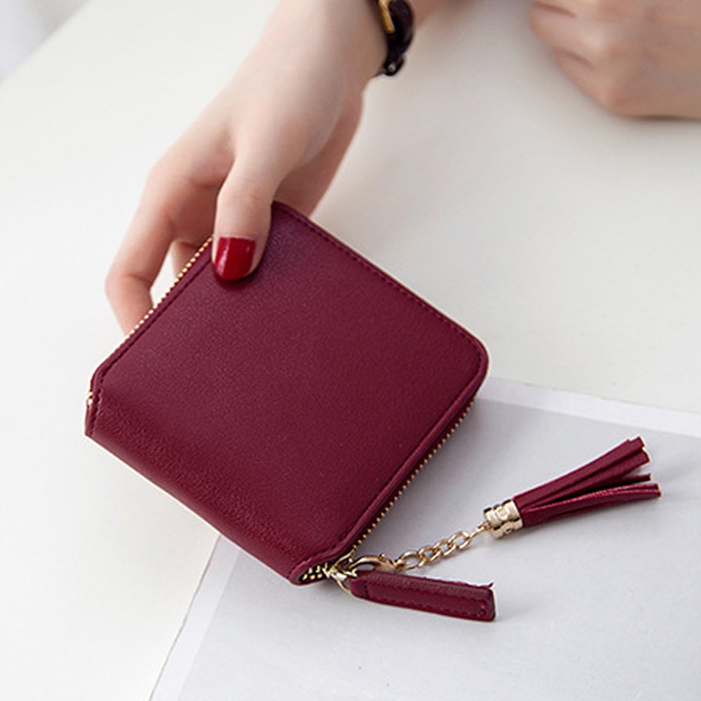 Zipper Closure Soft Short With Tassel Drop Smooth Daily Solid Square PU Leather Fashion Women Wallet