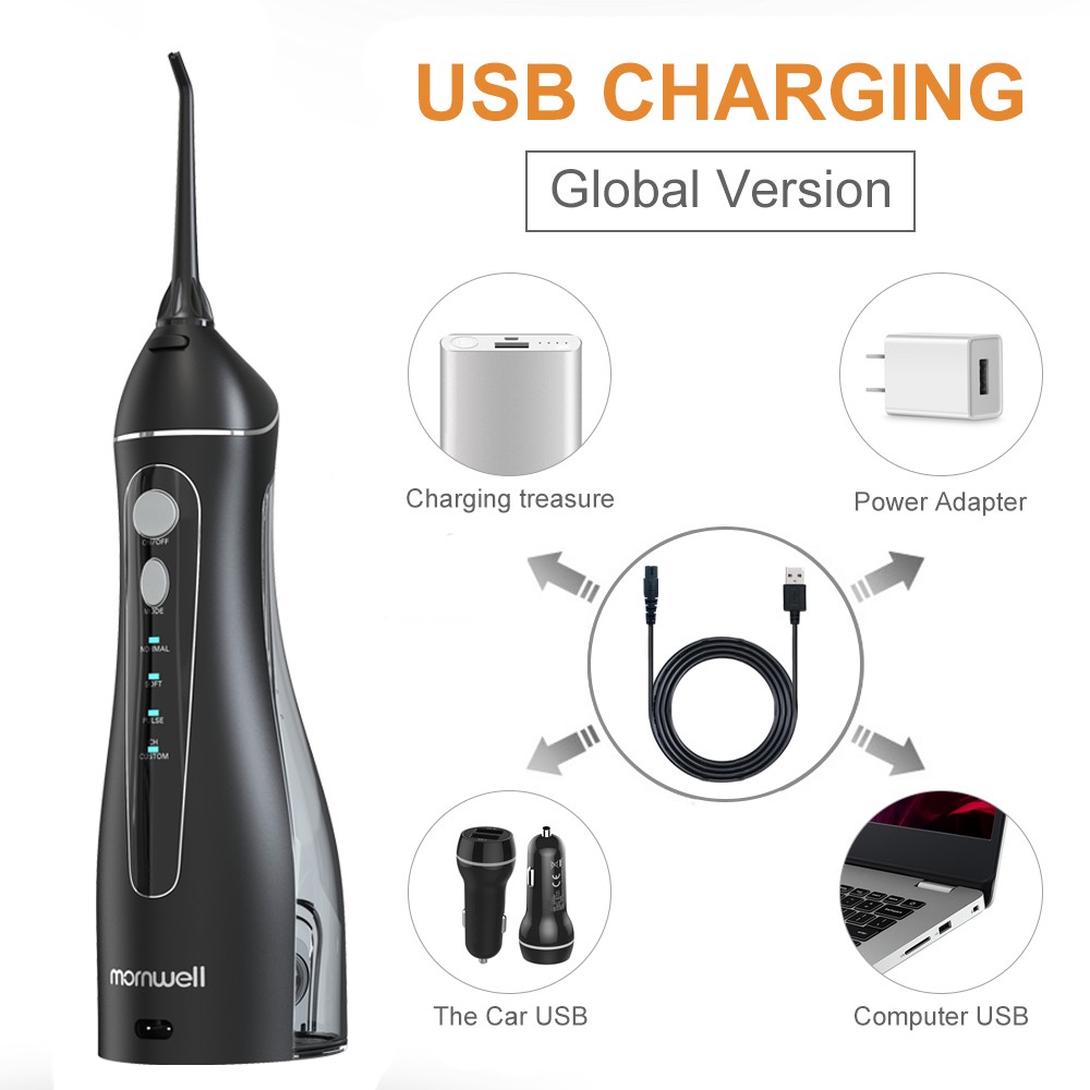 Mornwell Portable Oral Irrigator with Travel Bag Water Flosser USB Rechargeable 5 Nozzles Water Jet 200ml Waterproof Water Tank