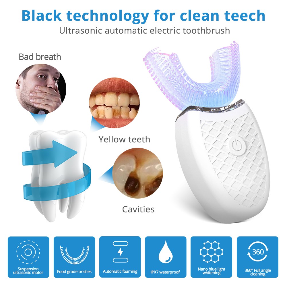 360 Degree Intelligent Automatic Sonic Electric Toothbrush U Type 4 Modes Toothbrush USB Charging Teeth Whitening Blue Light