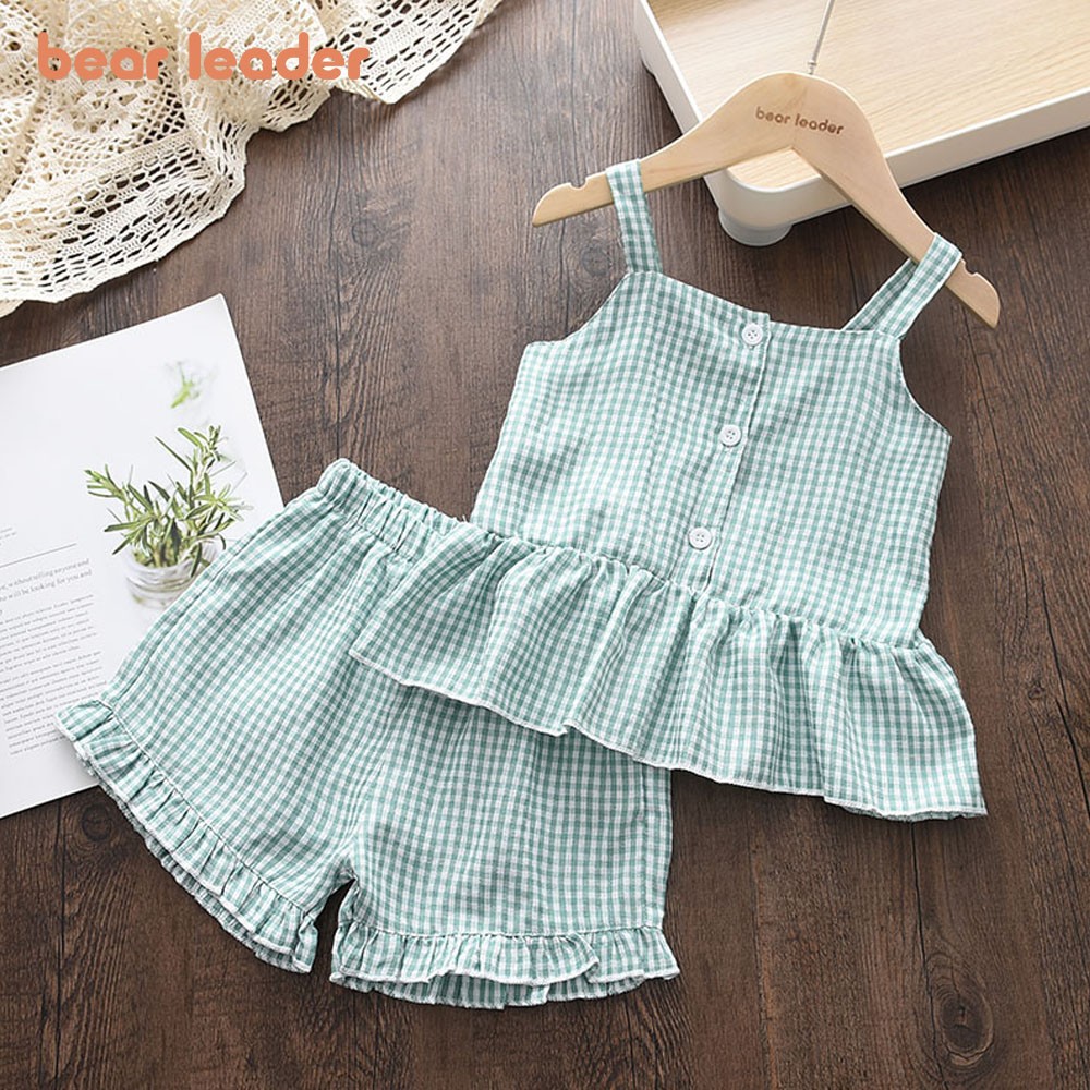 Bear Leader Baby Girls Clothes Sets Summer Plaid Print Girl Sleeveless T-shirts Vest Pants 2pcs Casual Outfits Kids Clothes