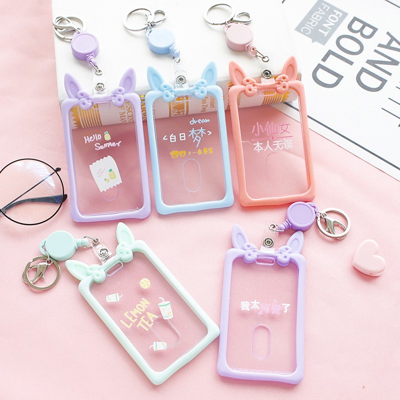 Cute Ear Card Holder Retractable Piggy Milk Bottle Student Card Holder Bus Pass Cover Keychain Card Badge Storage Bag