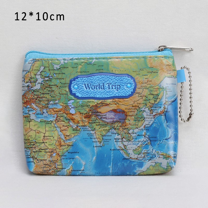 3D World Map Mini Wallet Small Zipper Wallet Personal Portable Wallet