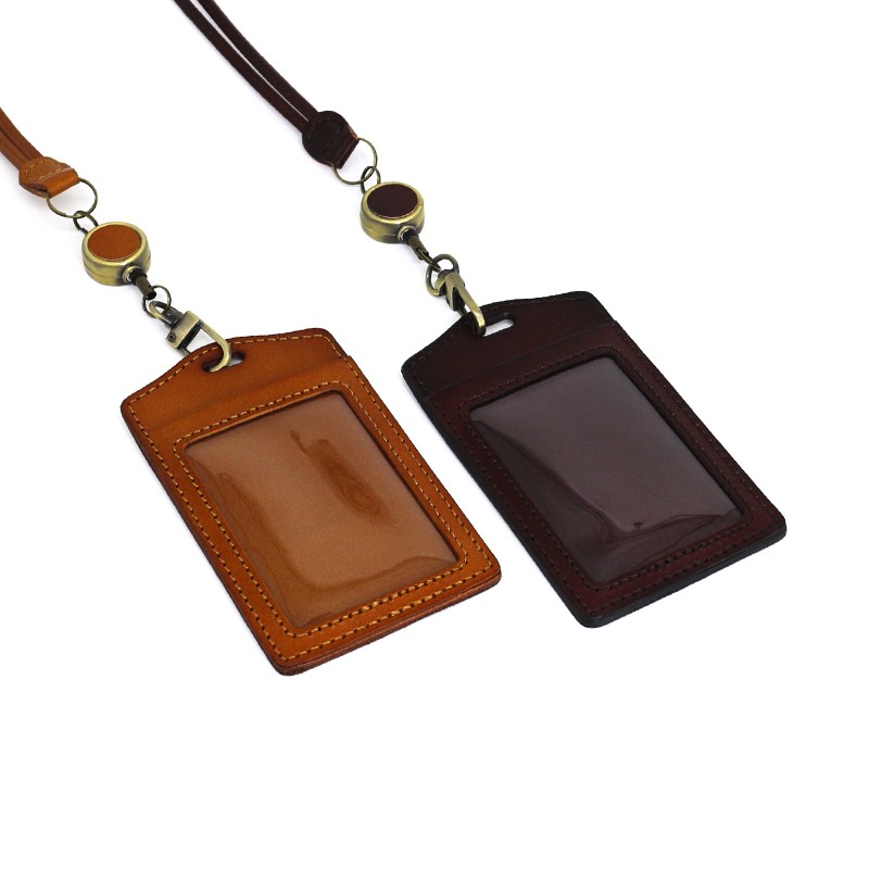 New Fashion ID Badge Holder First Layer Leather High Quality Handmade 100% Genuine Leather Stretch Work ID Hanging Neck Badge Tag