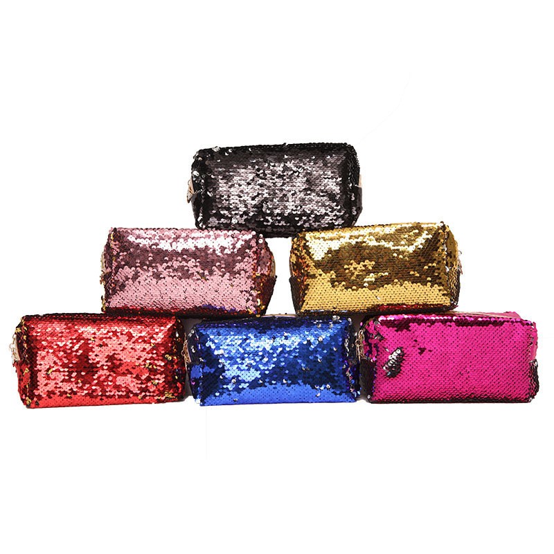 Small Embroidery Cosmetic Bag Women Girls Portable Makeup Bag with Shiny Sequins Travel Organizer Zipper Box