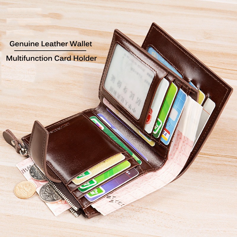 Men's Genuine Leather RFID Blocking Trifold Wallet Short Vintage Multifunctional Credit Card Holder Coin Zipper Pocket Money Bags