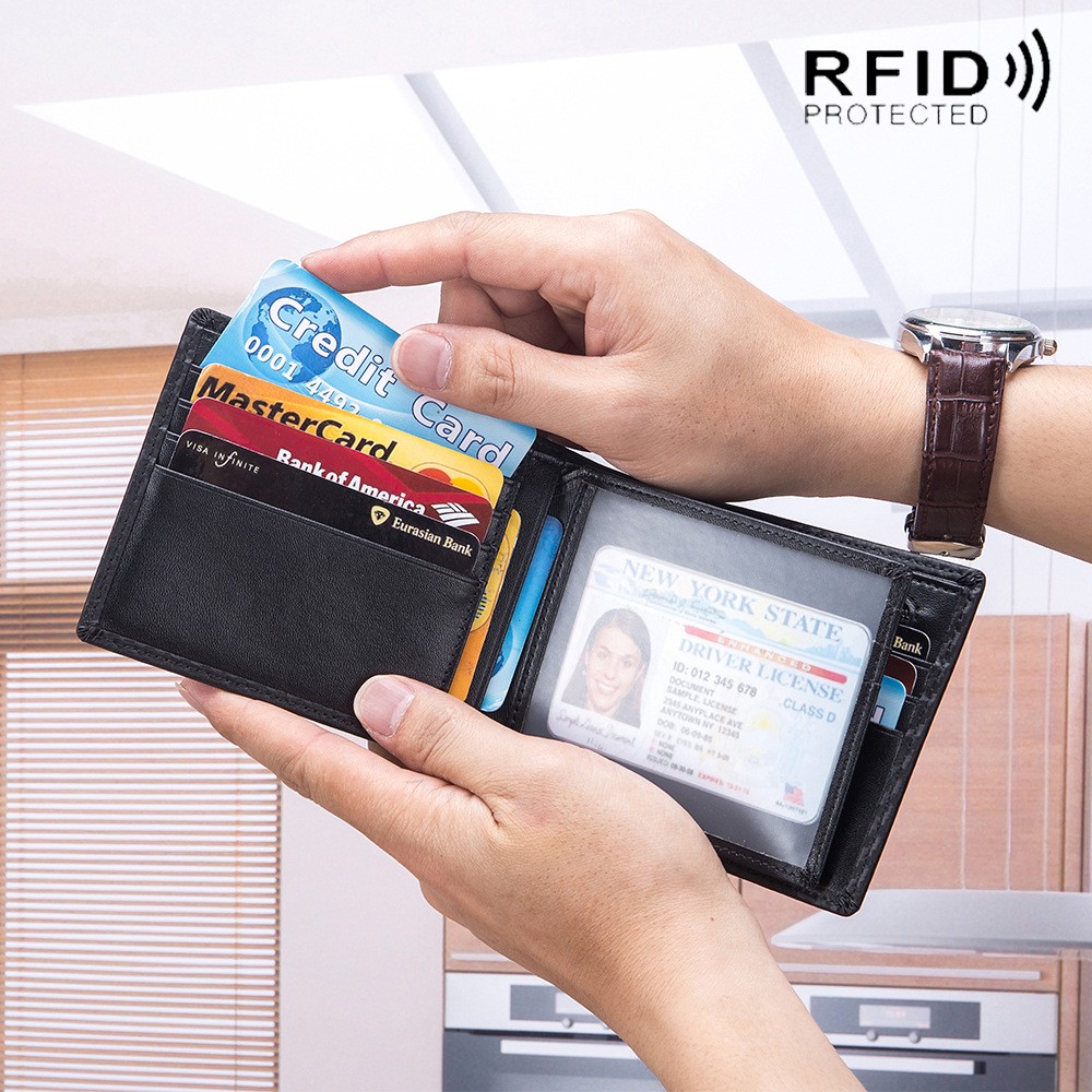 Rfid-محفظة من الجلد الطبيعي وألياف الكربون للرجال ، محفظة رجالية من الجلد الطبيعي مع حامل بطاقات ، محفظة صغيرة ، محفظة سوداء