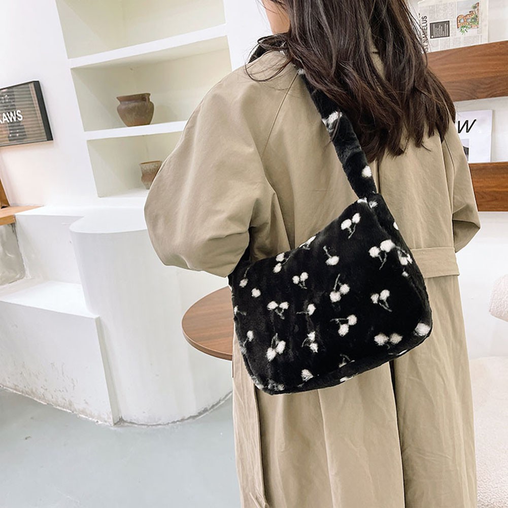 Fashion Women Plush Soft Shoulder Bag Cherry Print Underarm Bag for Women 2021 New Autumn Winter Handbags and Purses