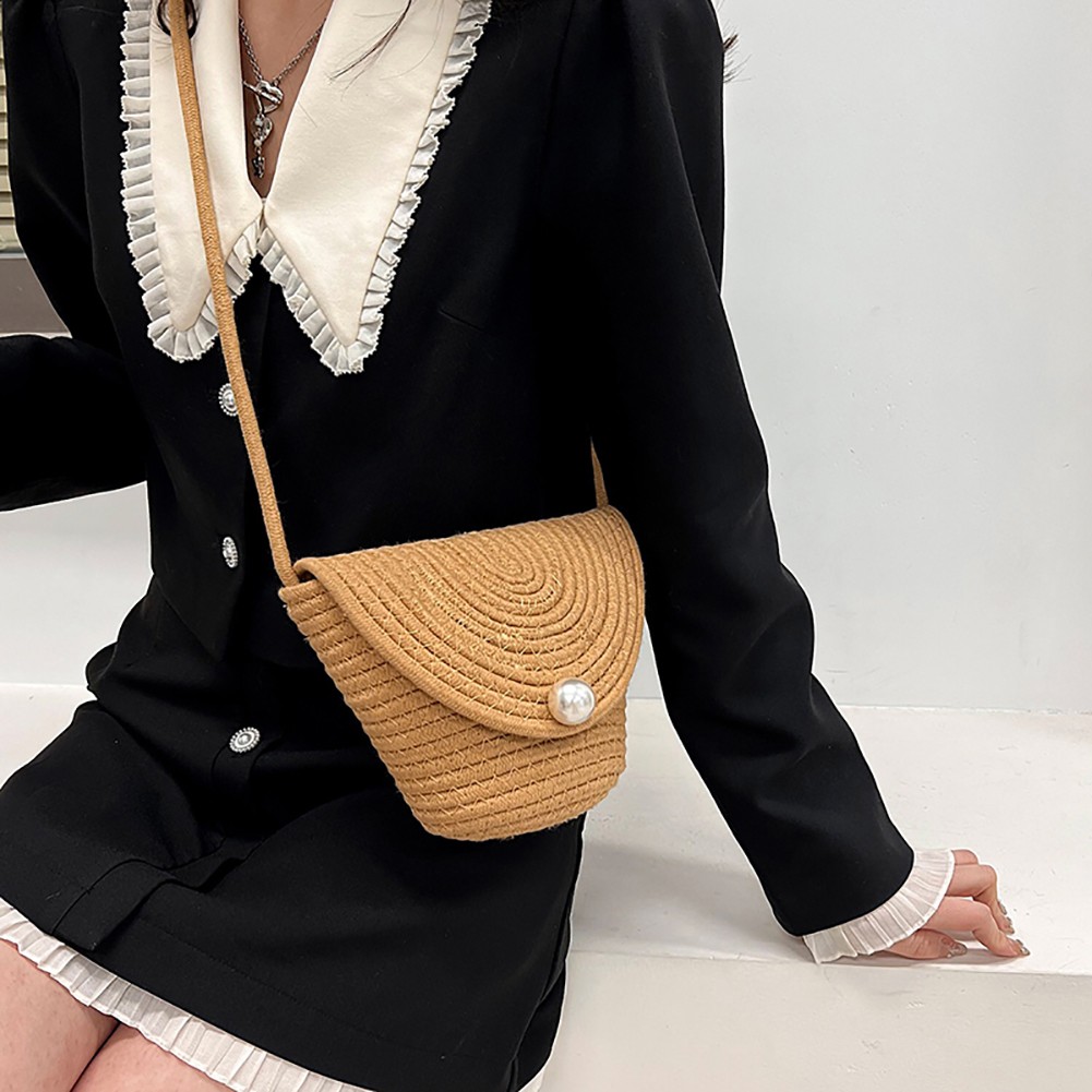 Fashion pearl ladies straw bag 2022 summer new hand-woven straw shoulder bag bohemian beach messenger flap small bucket bag