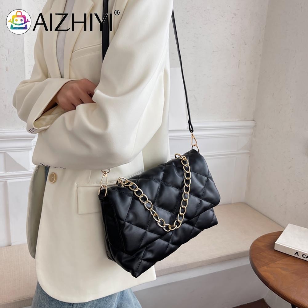 Women's PU Leather Diamond Lattice Shoulder Bag Lady Embroidery ThreadChain Flap Crossbody Bag