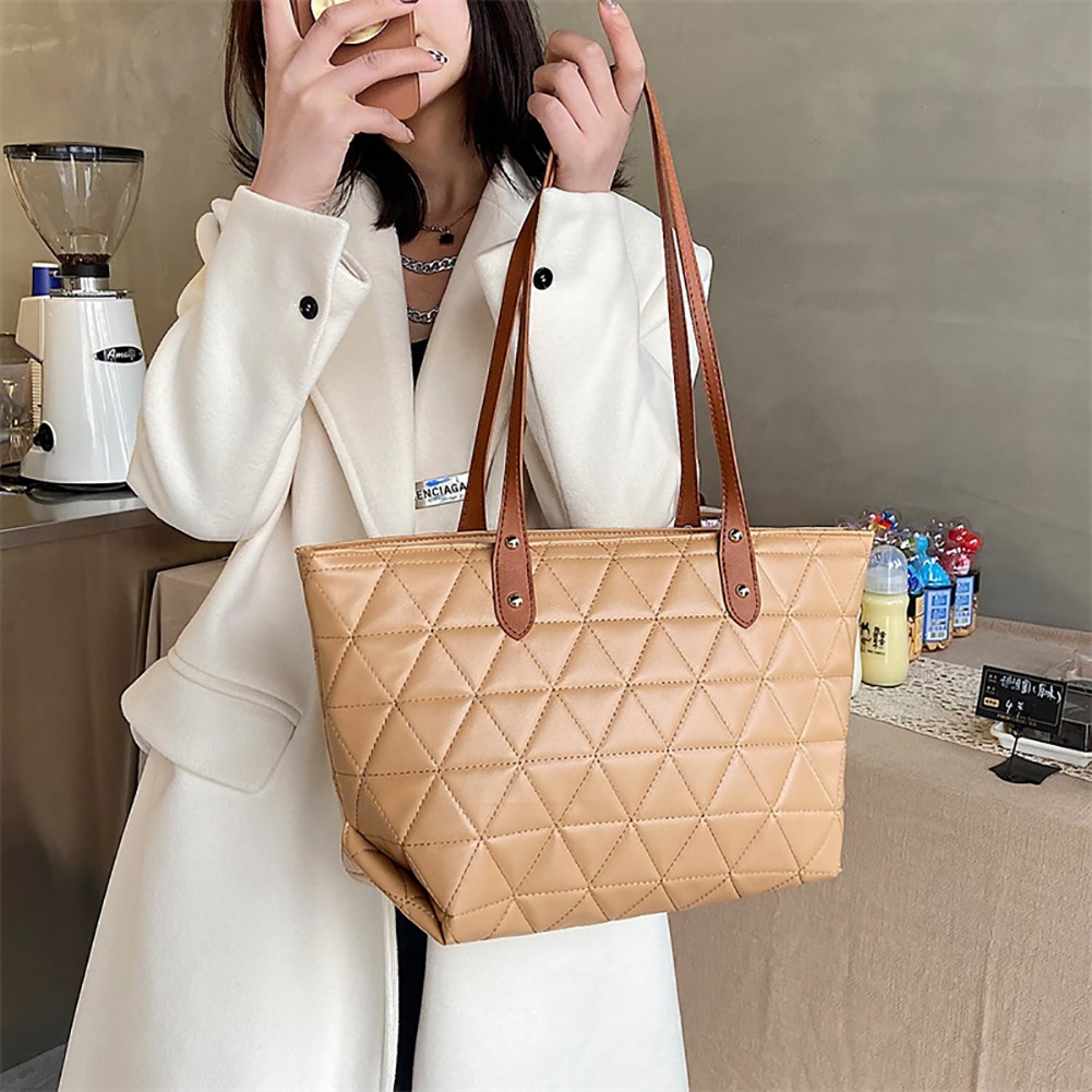 Women Exquisite PU Leather Embroidery Thread Tote Bag Designer Diamond Lattice Top Handle Bag Large Capacity Handbags