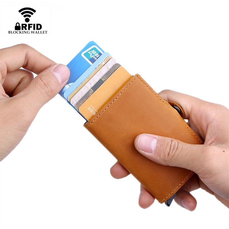 DIENQI Genuine Leather Credit Card Holder Case Anti RFID Protector Wallet Aluminum Men Women Metal Bank Business ID Card Holder Card Holder