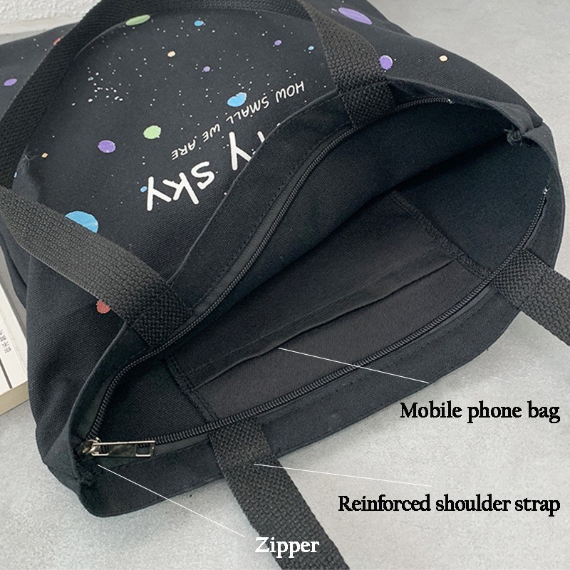 Women's shoulder bag 2022 canvas tote fashion girl bag simple large capacity shopper bag with wide zipper starry sky print handbag