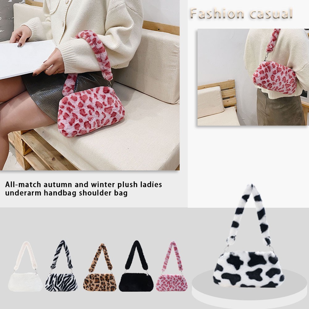 Fashion Women Cow Print Small Shoulder Bags Female Winter Plush Underarm Bags Leopard Zebra Pattern Fluffy Tote Bags Small Purses