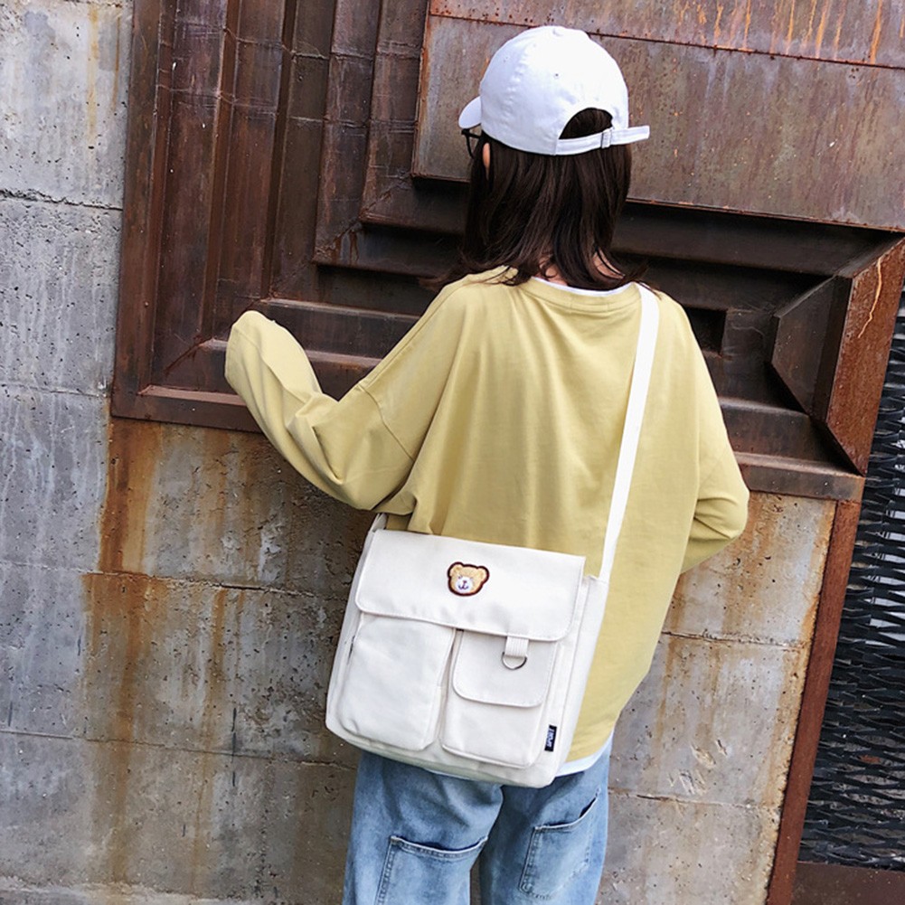 Women Canvas Multi-Pocket Shoulder Bag Student Fashion Zipper Crossbody Bag Middle School Reusable Eco-friendly Travel Book Bag