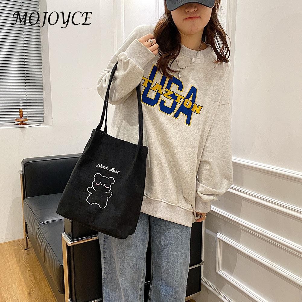 Female Creative Fashion Shoulder Bag Bear Print Corduroy Shopping Underarm Large Capacity Daily Women Bags