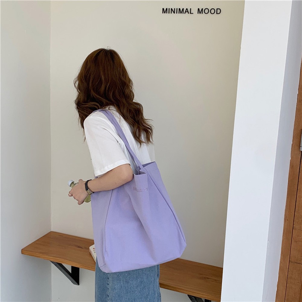 Women Canvas Simple Casual Handbags Embroidery Letters Print Large Capacity Female Shoulder Bags Solid Color Lady Shopping Bags