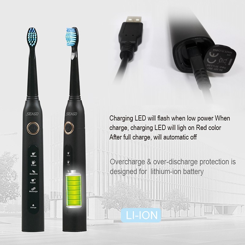 Seago Sonic Electric Toothbrush SG-507 Adult Timer Brush 5 Modes USB Charger Rechargeable Toothbrush Replacement Heads Set