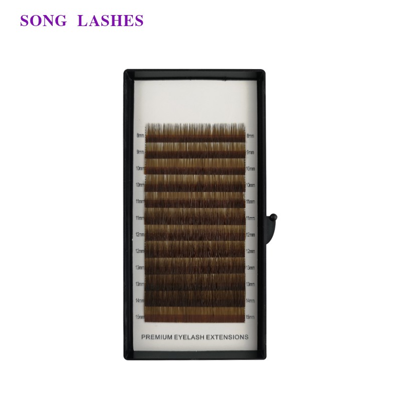 Sung high quality eye lashes false eyebrow extensions 12 lines per tray. No eyelash curl. 4 color dark brown light brown