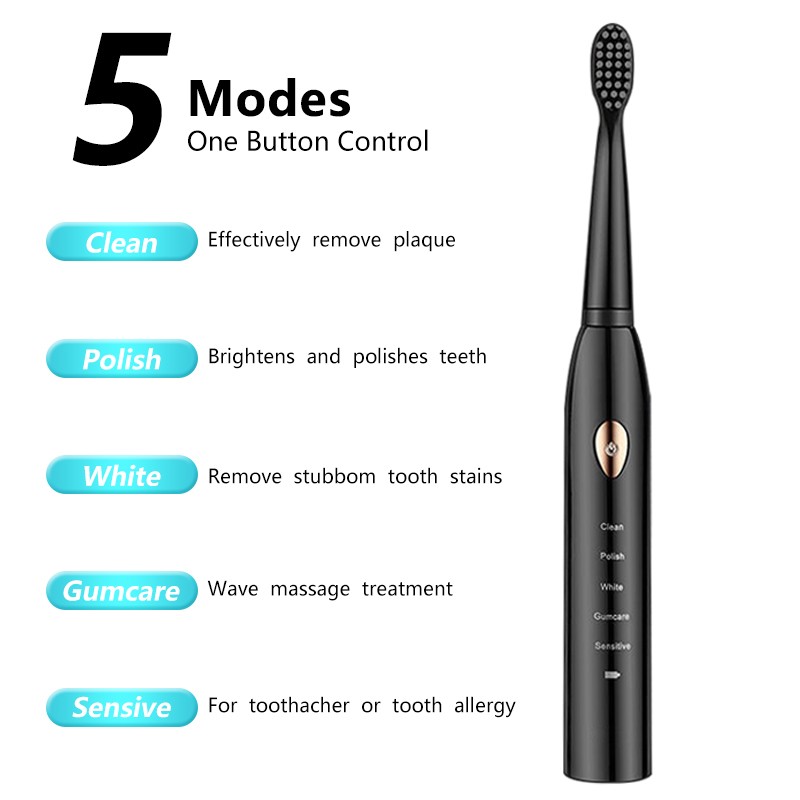 Modes Acoustic Vibration All-round Adult Timer Brush 5 Waterproof USB Charger Rechargeable Tooth Brushes Replacement Heads Set