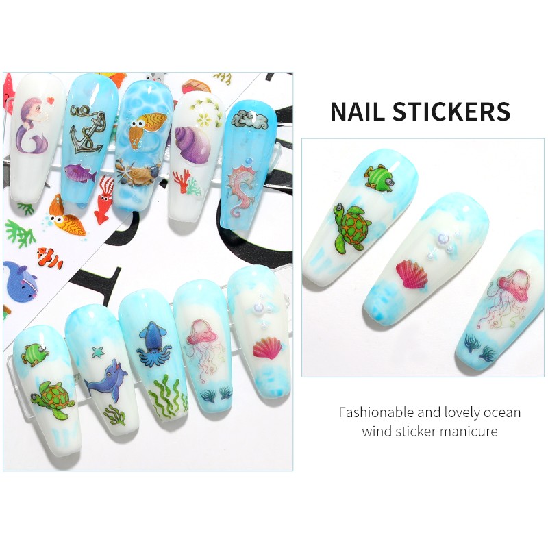 LEAMX Ocean Cute Glitter Laser Nail Art Marine Animal Shell Turtle Fish Starfish Nail Sticker Slider 9D Nail Sticker Decoration