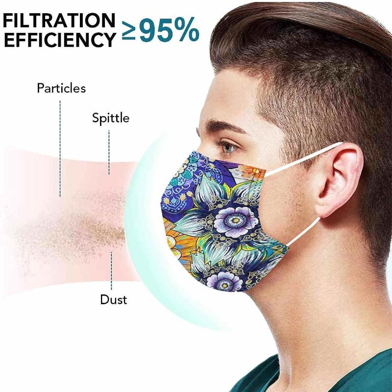 50pcs Disposable Face Mask Adult Women Printed Face Mask Adult Breathable Ear Loop Mask Non-woven Black 3Ply Mascarillas