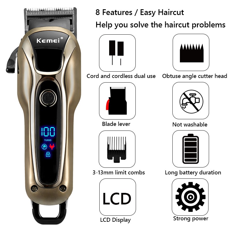 Professional Barber Hair Clipper Rechargeable Electric Finish Cutting Machine Beard Trimmer Cordless Shaver Corded