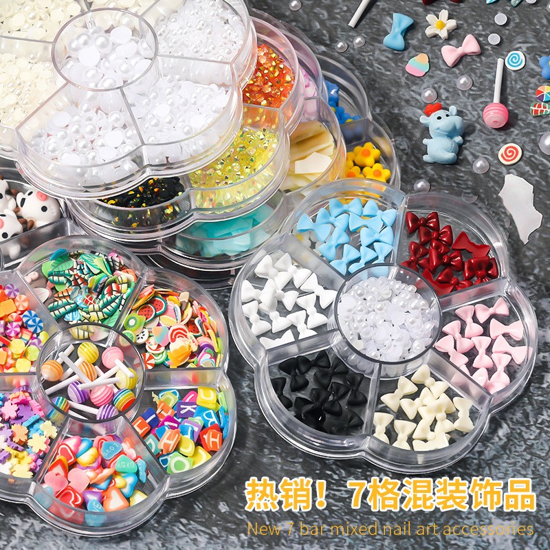 1 Box of 7 Nail Art Decorations Bow Aurora Bear Butterfly Rhinestone Pearl Mixed Set Box DIY Nail Decoration designer charms